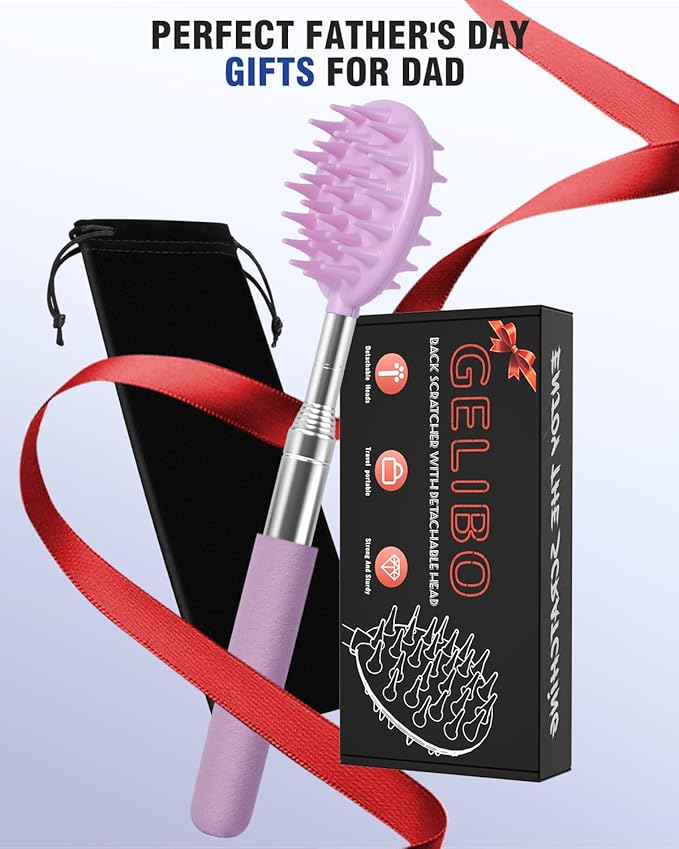 Gelibo Telescoping Back Scratcher with 5Pcs Detachable Heads,Fathers Day Dad Gifts from Wife Daughter Son,Mens Gifts,Husband, Extendable Back Massager Tool with Beautiful Box - Purple