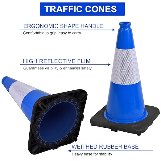 OrangeStar 18" Traffic Cones 8-Pack Blue Safety Cones with Reflective Collars, Heavy Duty Base for Construction, Parking Lot, Road Work, Flexible PVC, Indoor & Outdoor Use