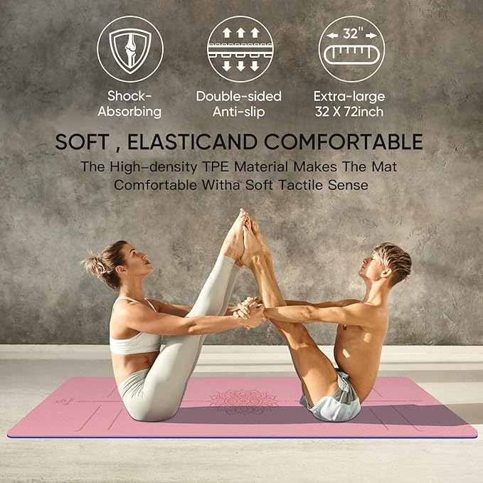 Yoga Mat Non Slip TPE Extra Wide Yoga Mat with Alignment Mark, 72"L x 32"W x 0.32"/0.24"Th (183cm x 80cm x 8mm/6mm), Anti-Tear Exercise Mat with Carrying Strap and Bag, Workout Mats for Yoga, Pilates