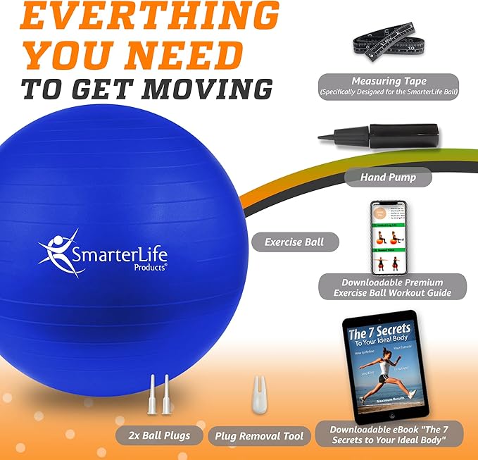 SmarterLife Exercise Ball Yoga Ball for Fitness, Balance, Stability, or Pregnancy, Gym Ball for Core Workout, Physical Therapy, Yoga Ball Chair for Office, Anti-Slip Anti-Burst