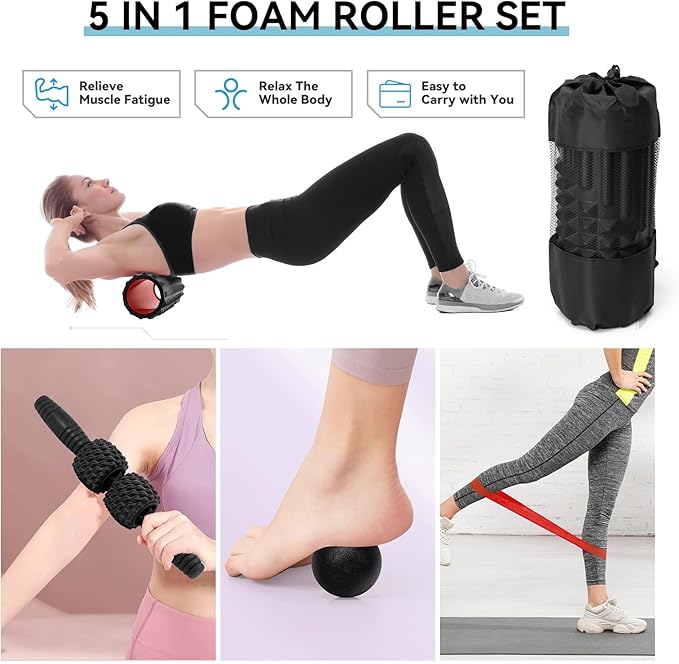 5 in 1 Foam Roller Set, High Density Fitness Exercise Foam Roller for Deep Tissue Muscle Massage, Massage Roller, Massage Ball, Resistance Band, for Whole Body(Black)