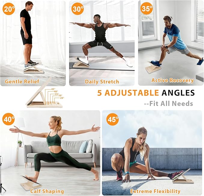 Slant Board for Calf Stretching, Adjustable Wooden Incline Board with Anti-Slip EVA Base, 300LB Capacity Portable Calf Stretcher for Physical Therapy, Squats, Ankle & Heel Support at Home/Gym