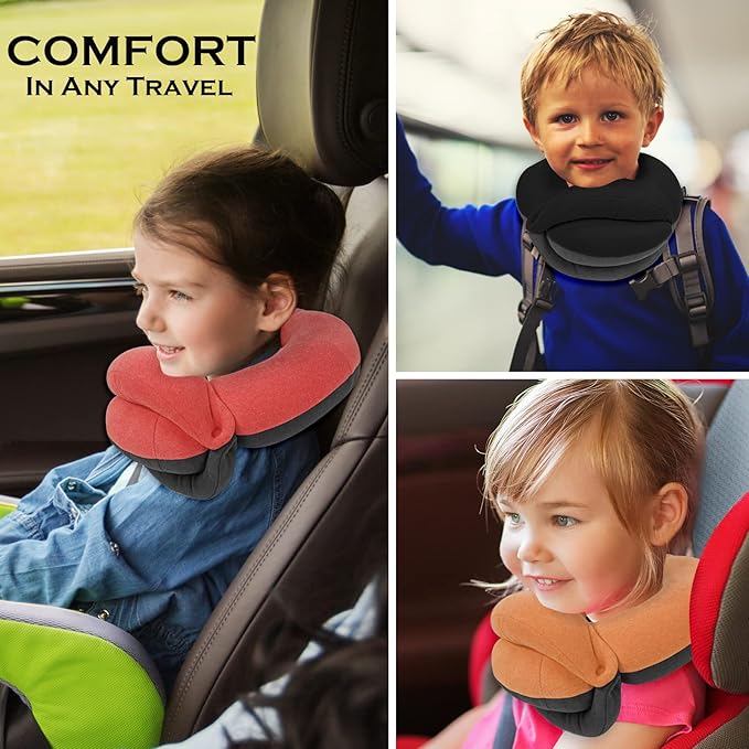 BUYUE Kids Travel Pillows for Airplane, 360° Head Support Sleeping Essentials for Boys Long Flight, Skin-Friendly Soft Neck Pillow for Traveling in Car Seat, (Small, Black Grey, 40-90 lbs)