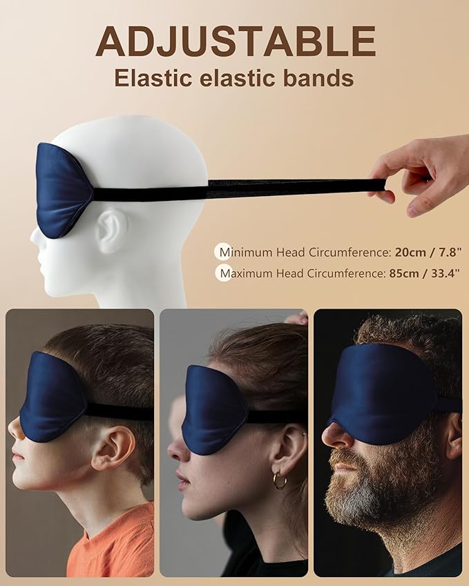 Silk Eye Mask for Sleeping - Soft Breathable Organic Natural Mulberry Silk Fabric Blackout Sleep Mask with Adjustable Straps No Pressure Eye Mask for Travel Essentials Gifts (Navy Blue)