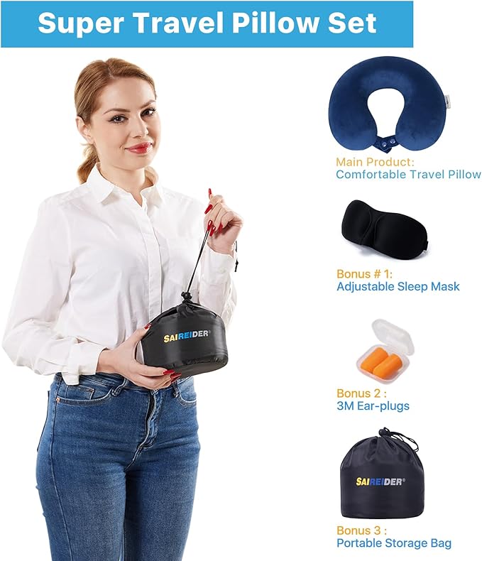 SAIREIDER Travel Pillow 100% Memory Foam Airplanes Neck Pillows -Prevent The Heads from Falling Forward Travel Neck Pillows with Sleep Mask and Earplugs (Navy Blue)