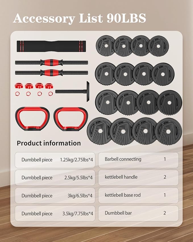 Adjustable Dumbbells, 10/20/30/45/70/90lbs Free Weight Set with Connector, 4 in1 Dumbbells Set Used as Barbell, Kettlebells, Push up Stand, Fitness Exercises for Home Gym Suitable Men/Women