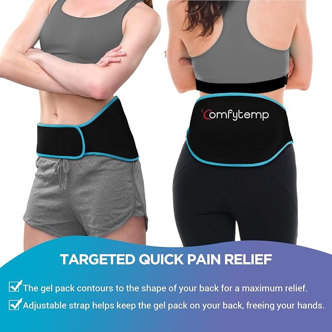 Comfytemp Ice Pack for Back Pain Relief, 2 Packs, Reusable Gel Lower Back Wrap Ice Brace for Sciatica Injuries, Hot Cold Compression for Lower Lumbar, Waist, Men Women Gifts (Black)