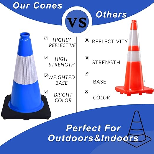 BESEA 8Pack 18 Inch Blue Traffic Cones with 6 Inch Reflective Collar, Heavy Duty PVC Safety Cones with 10.5 x 10.5 Inch Base for Parking, Driving Practice, Sports Training, and Construction
