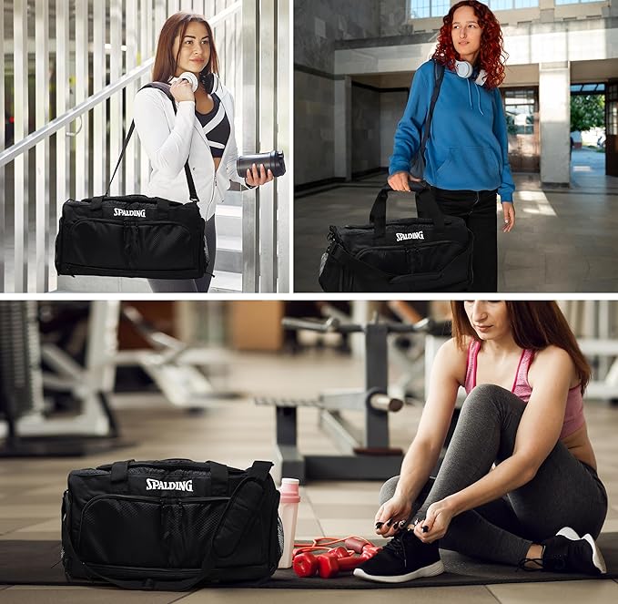 Spalding Sports Gym Bag Duffle Bag, Large Basketball Duffel Bag for Women and Men, Great for Workout and Travel, with Wet and Shoe Compartment, 10 Durable Strong Zippered Pockets