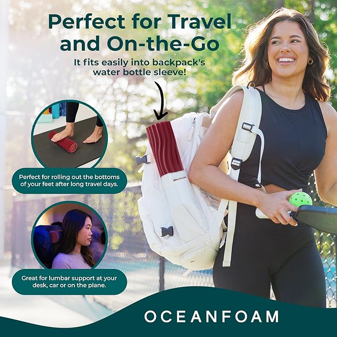 Oceanfoam Ripple Travel Foam Roller (11" x 3.35") Firm Mini Foam Roller for Physical Therapy, Deep Tissue Massage, Back Pain - High Density, Ergonomic Wave Textured - Yoga, Pilates, Exercise (Maroon)