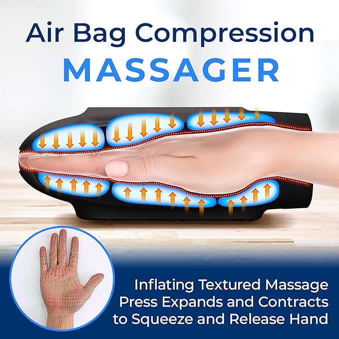 SereneLife Hand Massager with Heat and Compression, Cordless Comfort Auto-Roller Kneading Massage, Large LCD, 3 Airbags, 6 Modes, 6 Intensities, 3 Heat Settings for Relaxation