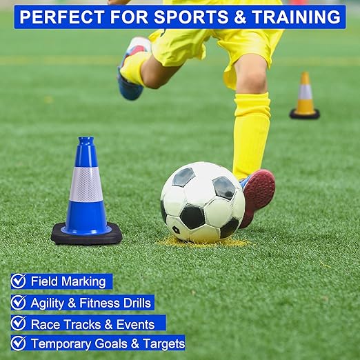 OrangeStar 12" Traffic Cones 4-Pack Blue Safety Cones with Reflective Collars, Heavy Duty Base for Driving Practice, Parking Lots, Construction, Flexible PVC, Indoor & Outdoor Use