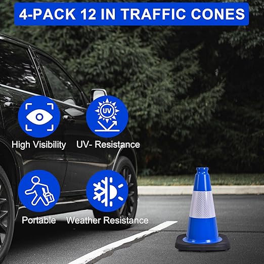 OrangeStar 12" Traffic Cones 4-Pack Blue Safety Cones with Reflective Collars, Heavy Duty Base for Driving Practice, Parking Lots, Construction, Flexible PVC, Indoor & Outdoor Use
