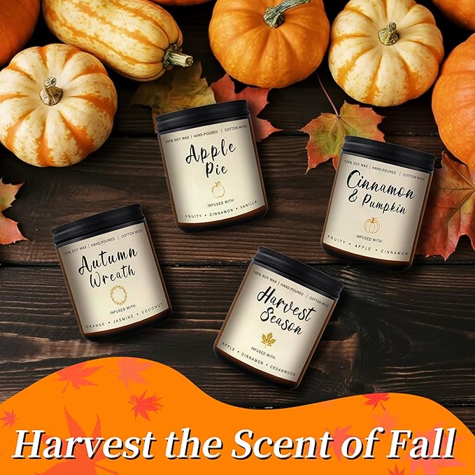 Fall Candles Gift Set β 4 Pack Scented Soy Candles for Home, Autumn Decor, Fall Decorations, Pumpkin Spice, Apple Pie, Cinnamon, Harvest β Great for Halloween & Thanksgiving Gifts