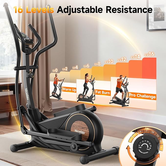 Niceday Elliptical Exercise Machine, Elliptical Machine for Home, Magnetic Elliptical Trainer with 15.5IN-19IN Stride, 16 Resistance Levels, 400LBS Loading Capacity, Support Kinomap APP