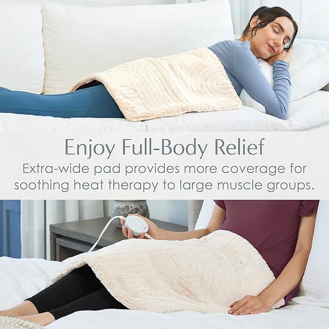 Pure Enrichment® PureRadiance™ Ultra-Wide Luxury Heating Pad for Cramps & Back Pain Relief, Patented Design, Soft Faux Fur & Micromink, 6 Heat Settings, Machine Washable, Large, 20”x24” (Golden Sands)