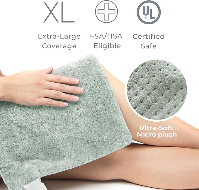Pure Enrichment PureRelief XL Heating Pad - 12" x 24" Electric Heating Pad for Back Pain & Cramps, 6 Heat Settings, FSA/HSA Eligible, Soft Machine Wash Fabric, Auto-Off & Moist Heat (Zen Green)