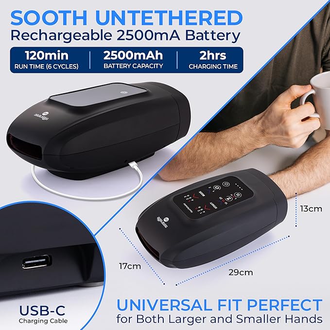 SereneLife Hand Massager with Heat and Compression, Cordless Comfort Auto-Roller Kneading Massage, Large LCD, 3 Airbags, 6 Modes, 6 Intensities, 3 Heat Settings for Relaxation