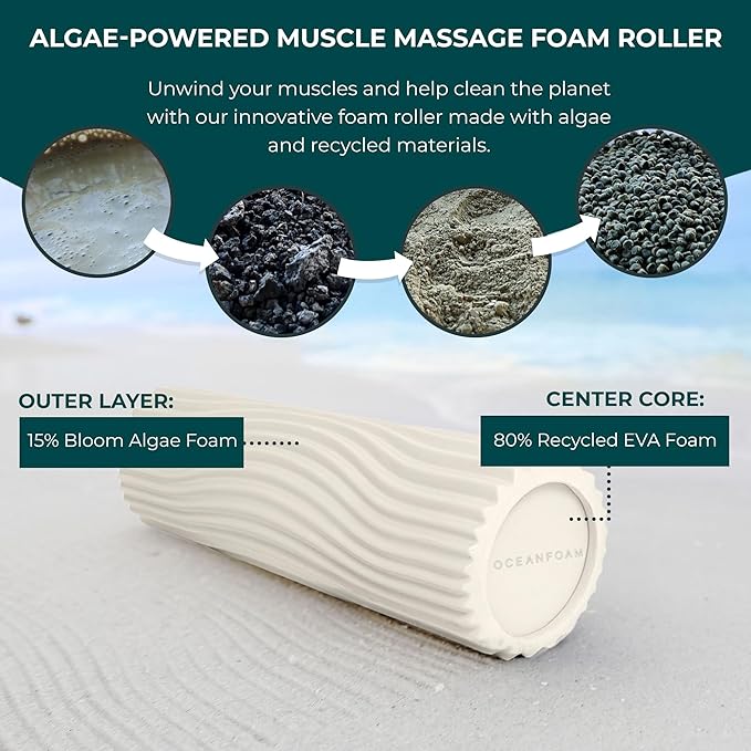 Oceanfoam Tidal Roller - Natural - Muscle Massage Foam Roller for Back Pain & Stretching - Firm and Ergonomic Wide Wave Textured - Yoga, Athletics, & Wellness - Full Size, 20" x 5"