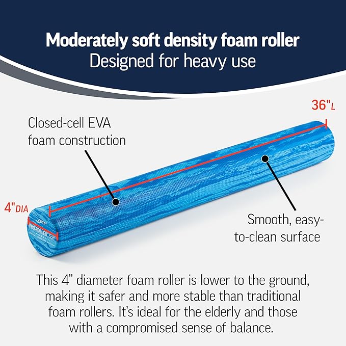 OPTP PRO-Roller Soft Density Foam Roller – Low Density Soft Foam Roller for Physical Therapy, Pilates, Yoga Foam Roll Exercises, and Muscle Recovery - Blue 36" x 4"