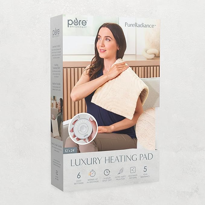 Pure Enrichment PureRadiance Luxury Heating Pad for Cramps, Back, Neck, & Shoulder Pain Relief, Patented Design, Soft Faux Fur & Micromink, 6 Heat Settings, Machine Washable, 12”x24” (Golden Sands)
