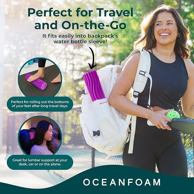Oceanfoam Ripple Travel Foam Roller (11" x 3.35") Firm Mini Foam Roller for Physical Therapy, Deep Tissue Massage, Back Pain - High Density, Ergonomic Wave Textured - Yoga, Pilates, Exercise (Magenta)
