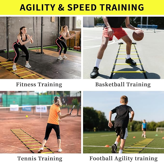 20ft Agility Ladder with Carry Bag & Straps – 12 Adjustable Rungs – Football, Soccer, Basketball Speed Training Equipment – Durable Footwork Drill Ladder for All Athletes (Yellow)