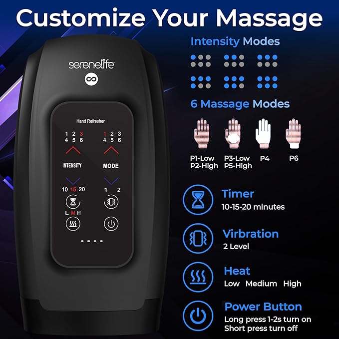SereneLife Hand Massager with Heat and Compression, Cordless Comfort Auto-Roller Kneading Massage, Large LCD, 3 Airbags, 6 Modes, 6 Intensities, 3 Heat Settings for Relaxation