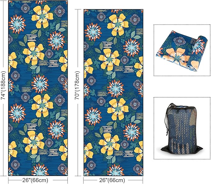 Colorful Star Yoga Towel with Corner Pockets, Non Slip Grip Dots Sweat Absorbent Hot Yoga Mat Towels, Yoga Blankets with Travel Bag, Mat Cover for Workout, Gym, Fitness - 70"x26", Blue Yellow Flowers