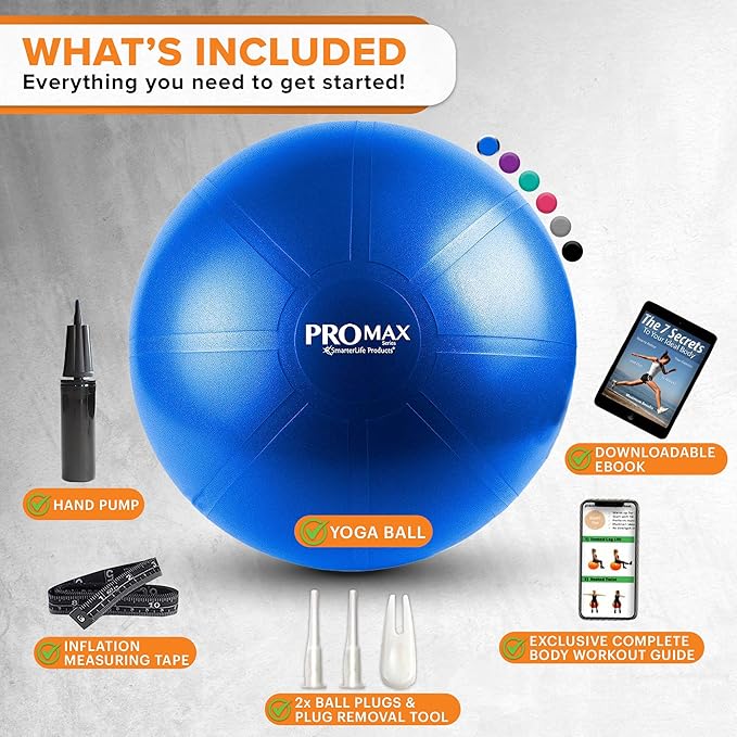 SmarterLife PRO MAX Workout Exercise Ball for Fitness, Yoga, Balance, Stability, or Birth Ball for Pregnancy and Labor, Great as Yoga Ball Chair for Office or Home Gym Equipment