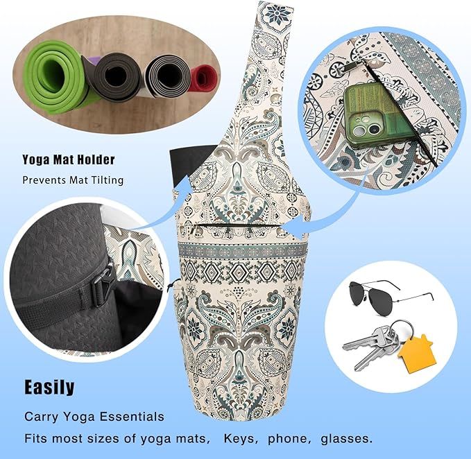 Yoga Mat Bag - Large Opening Long Tote Yoga Mat Carrier Holder Bag with Waterproof Wet Zipper Pocket and Drawstring Water Bottle Pocket - Yoga Bag Fit Most Size Mats