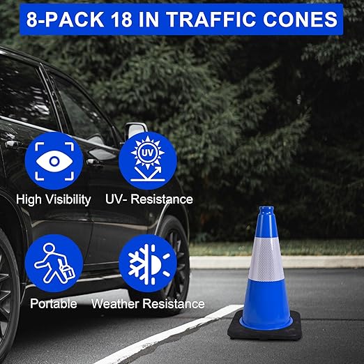 OrangeStar 18" Traffic Cones 8-Pack Blue Safety Cones with Reflective Collars, Heavy Duty Base for Construction, Parking Lot, Road Work, Flexible PVC, Indoor & Outdoor Use