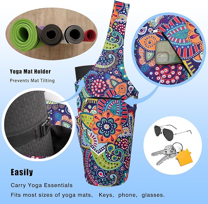Yoga Mat Bag - Large Opening Long Tote Yoga Mat Carrier Holder Bag with Waterproof Wet Zipper Pocket and Drawstring Water Bottle Pocket - Yoga Bag Fit Most Size Mats