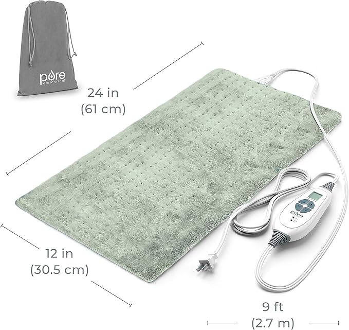 Pure Enrichment PureRelief XL Heating Pad - 12" x 24" Electric Heating Pad for Back Pain & Cramps, 6 Heat Settings, FSA/HSA Eligible, Soft Machine Wash Fabric, Auto-Off & Moist Heat (Zen Green)