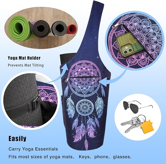 Yoga Mat Bag - Large Opening Long Tote Yoga Mat Carrier Holder Bag with Waterproof Wet Zipper Pocket and Drawstring Water Bottle Pocket - Yoga Bag Fit Most Size Mats