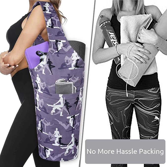 Fashion Printed Yoga Mat Bag with Large Side Pocket & Zipper Pocket Long Tote Yoga Bag Fit Most Size Mats - Holds More Yoga Accessories