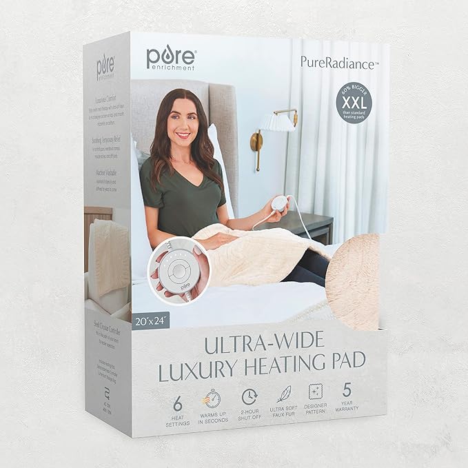 Pure Enrichment® PureRadiance™ Ultra-Wide Luxury Heating Pad for Cramps & Back Pain Relief, Patented Design, Soft Faux Fur & Micromink, 6 Heat Settings, Machine Washable, Large, 20”x24” (Golden Sands)
