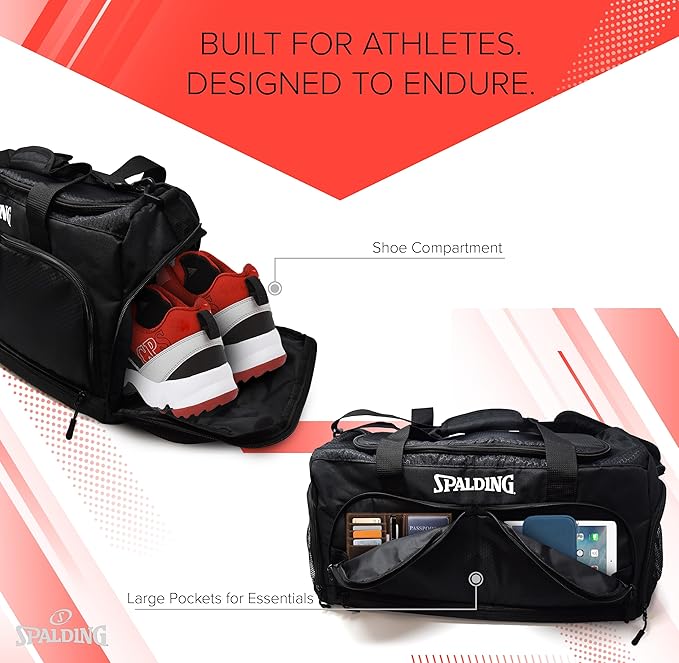 Spalding Sports Gym Bag Duffle Bag, Large Basketball Duffel Bag for Women and Men, Great for Workout and Travel, with Wet and Shoe Compartment, 10 Durable Strong Zippered Pockets