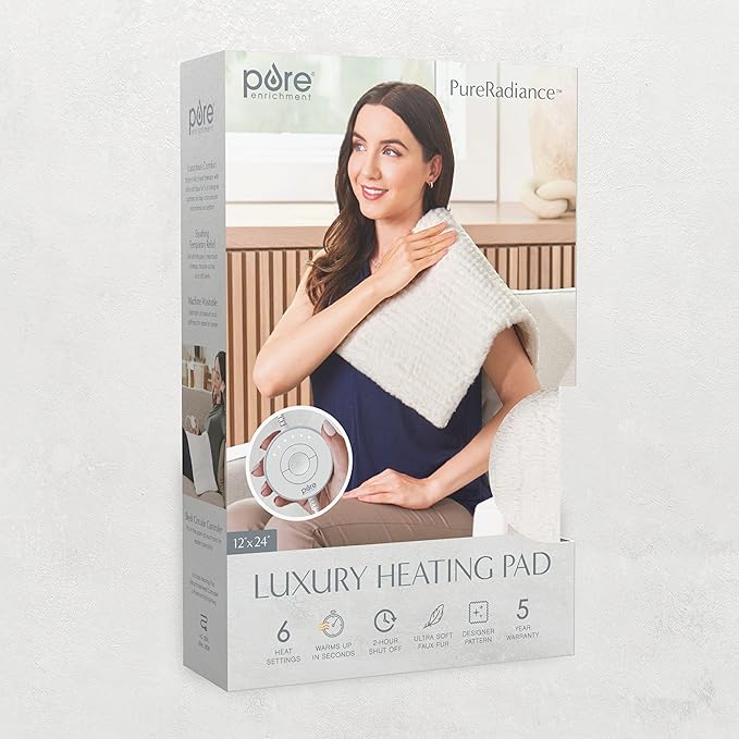 Pure Enrichment PureRadiance Luxury Heating Pad for Cramps, Back, Neck, & Shoulder Pain Relief, Patented Design, Soft Faux Fur & Micromink, 6 Heat Settings, Machine Washable, 12”x24”(Cloud)