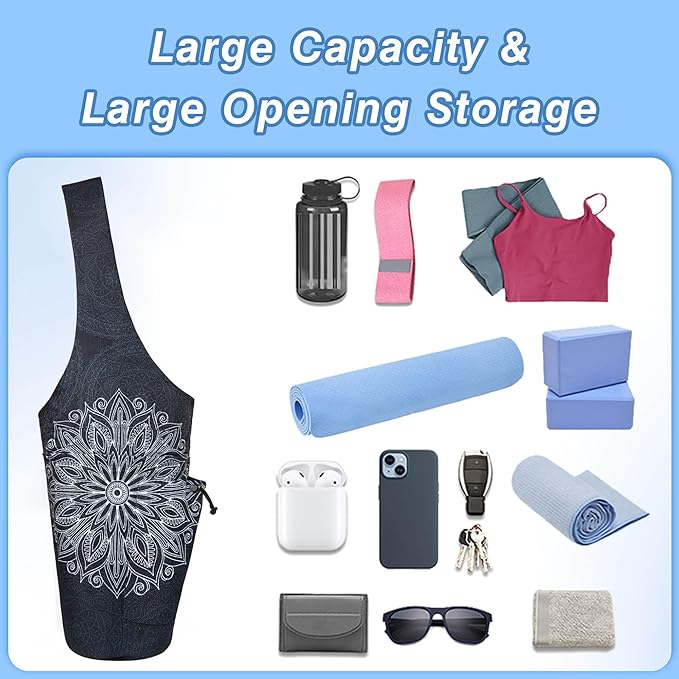 Yoga Mat Bag - Large Opening Long Tote Yoga Mat Carrier Holder Bag with Waterproof Wet Zipper Pocket and Drawstring Water Bottle Pocket - Yoga Bag Fit Most Size Mats