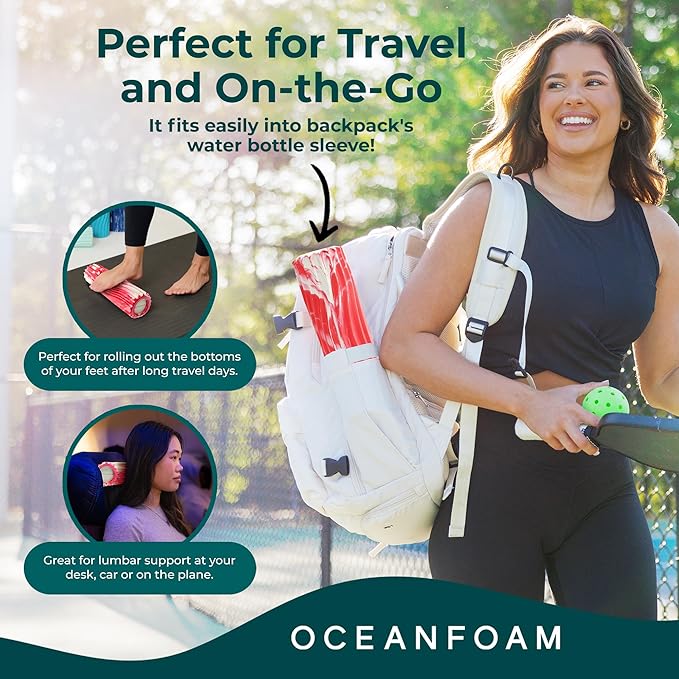 Oceanfoam Ripple Travel Foam Roller (11" x 3.35") Firm Mini Foam Roller for Physical Therapy, Deep Tissue Massage, Back Pain - High Density, Ergonomic Wave Textured - Yoga, Exercise (Red Marbled)