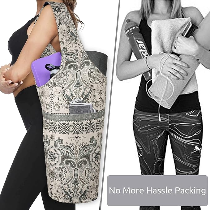 Fashion Printed Yoga Mat Bag with Large Side Pocket & Zipper Pocket Long Tote Yoga Bag Fit Most Size Mats - Holds More Yoga Accessories