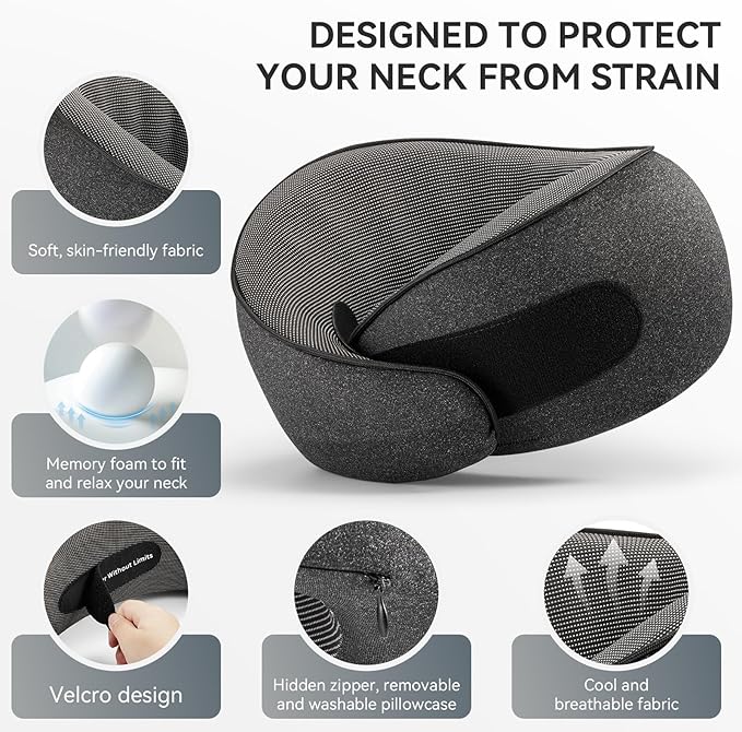SZXYX Travel Pillows for Airplanes, 100% Pure Memory Foam Neck Pillow for Airplanes, Comfortable Breathable Cover, 360° Support Stowable Pillows for Sleeping, Car, Airport Travel Essentials Black L