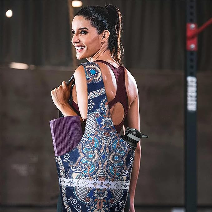 Fashion Printed Yoga Mat Bag with Large Side Pocket & Zipper Pocket Long Tote Yoga Bag Fit Most Size Mats - Holds More Yoga Accessories