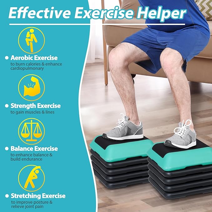 Smartxchoices 16 Inch Adjustable Aerobic Stepper Exercise Workout Step Platform Bench with 4 Risers 4"-6''-8''-10''-12' Height for Home Gym Fitness Training High Step Aerobics Platform