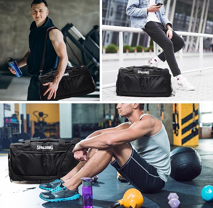 Spalding Sports Gym Bag Duffle Bag, Large Basketball Duffel Bag for Women and Men, Great for Workout and Travel, with Wet and Shoe Compartment, 10 Durable Strong Zippered Pockets