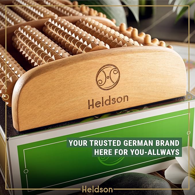 HELDSON® Foot Roller Massager Plantar Fasciitis Pain Relief - Wooden Under Desk Feet Massage - Dual Manual Heel Massagers - Wood Rolling Acupressure Tool with Reflexology Guide - Gift for Men, Women