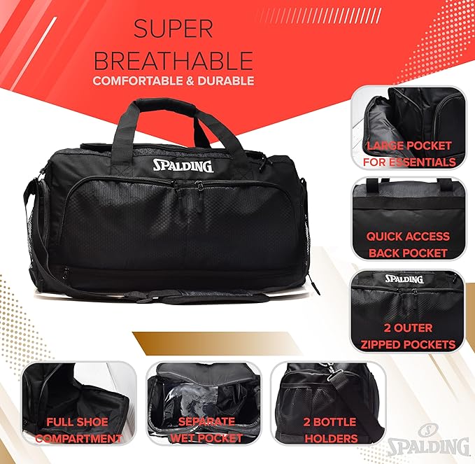 Spalding Sports Gym Bag Duffle Bag, Large Basketball Duffel Bag for Women and Men, Great for Workout and Travel, with Wet and Shoe Compartment, 10 Durable Strong Zippered Pockets
