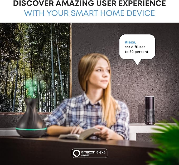 Smart WiFi Wireless Essential Oil Aromatherapy 400ml Ultrasonic Diffuser & Humidifier with Alexa & Google Home Phone App & Voice Control - LED & Timer Settings Dark Brown
