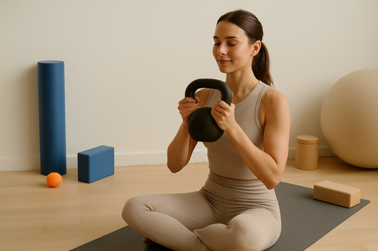 Young woman sitting cross-legged on a yoga mat, calmly holding a kettlebell in a bright minimalist home gym surrounded by yoga blocks, foam rollers, and fitness props.